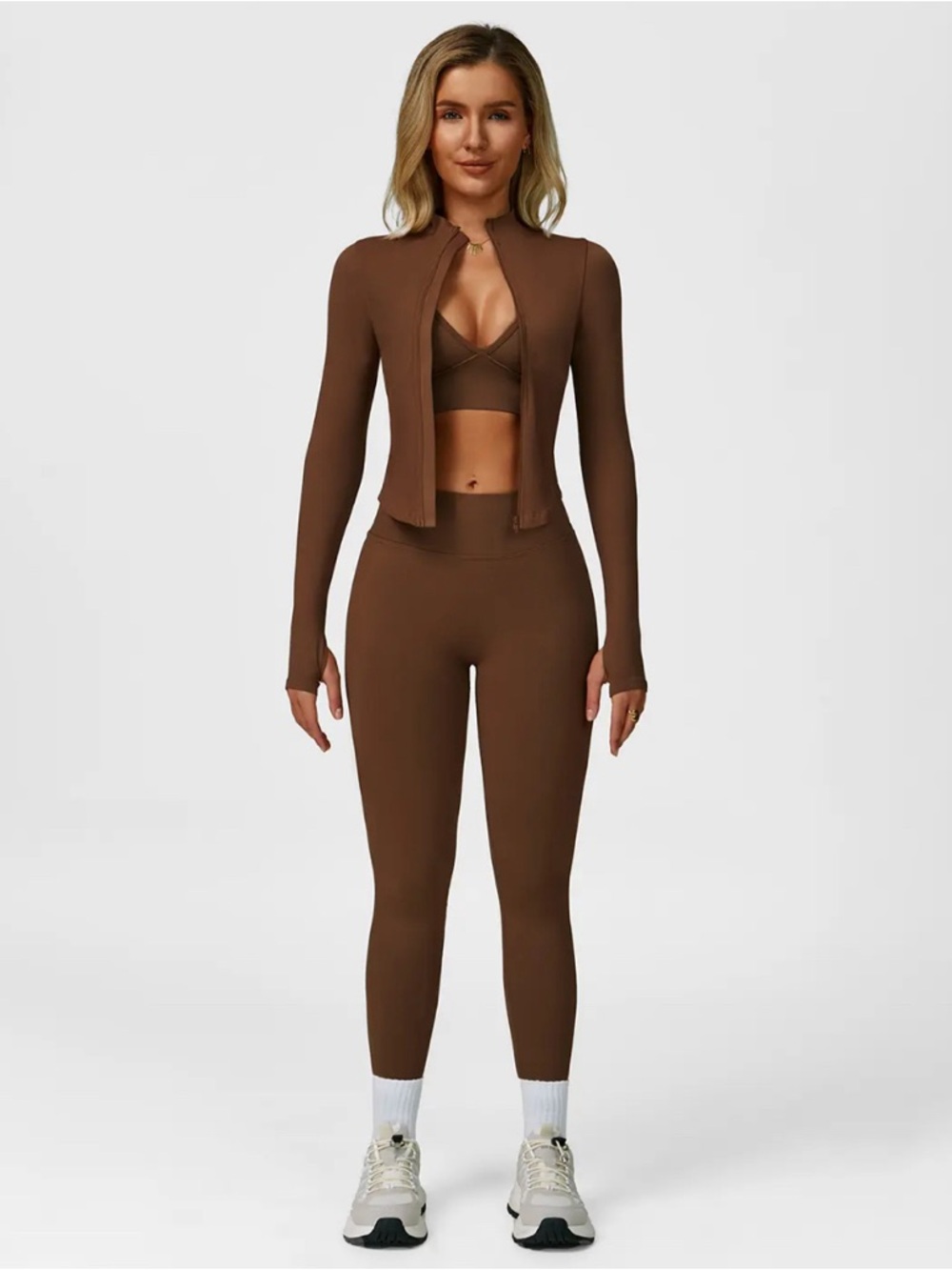 Seamless High-Waist Active Leggings & Crop Jacket Set - Brown
